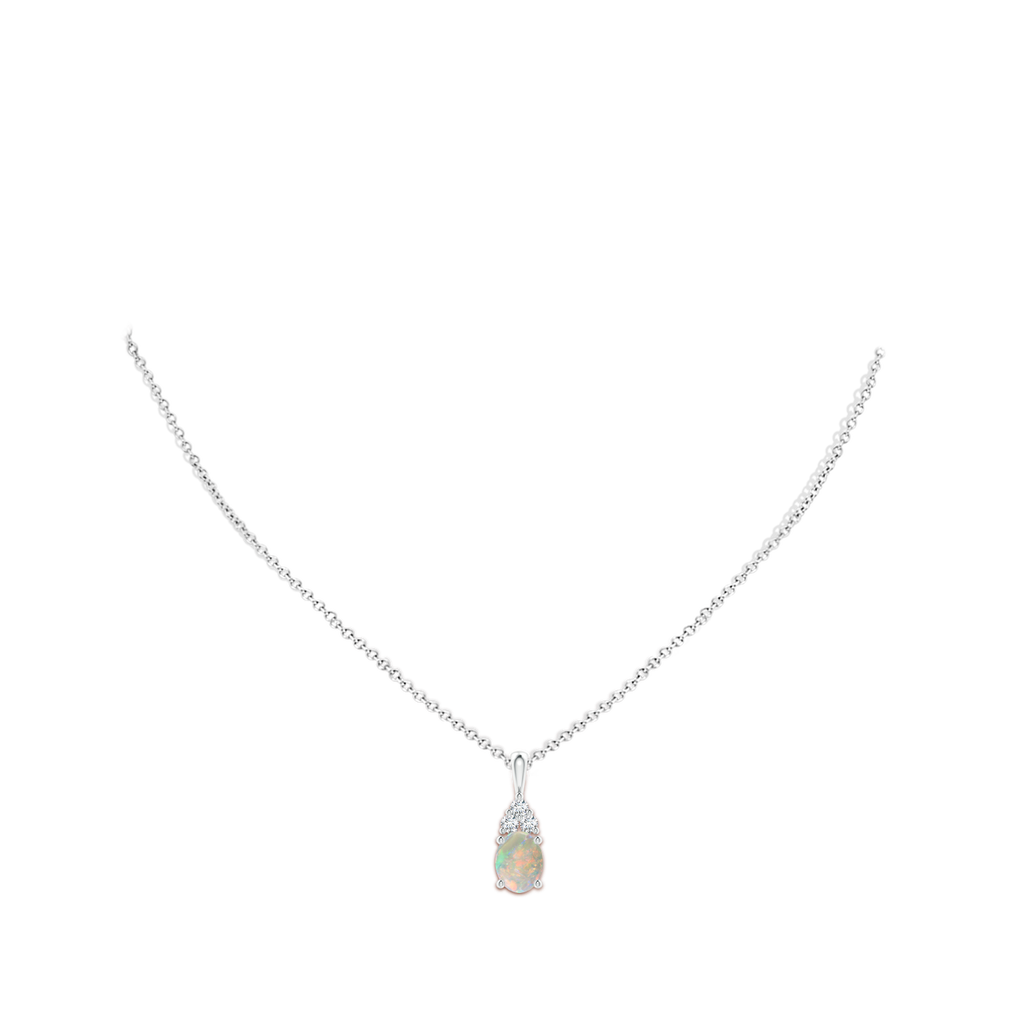 9x7mm AAAA Oval Opal Solitaire Pendant with Trio Diamond in White Gold Body-Neck