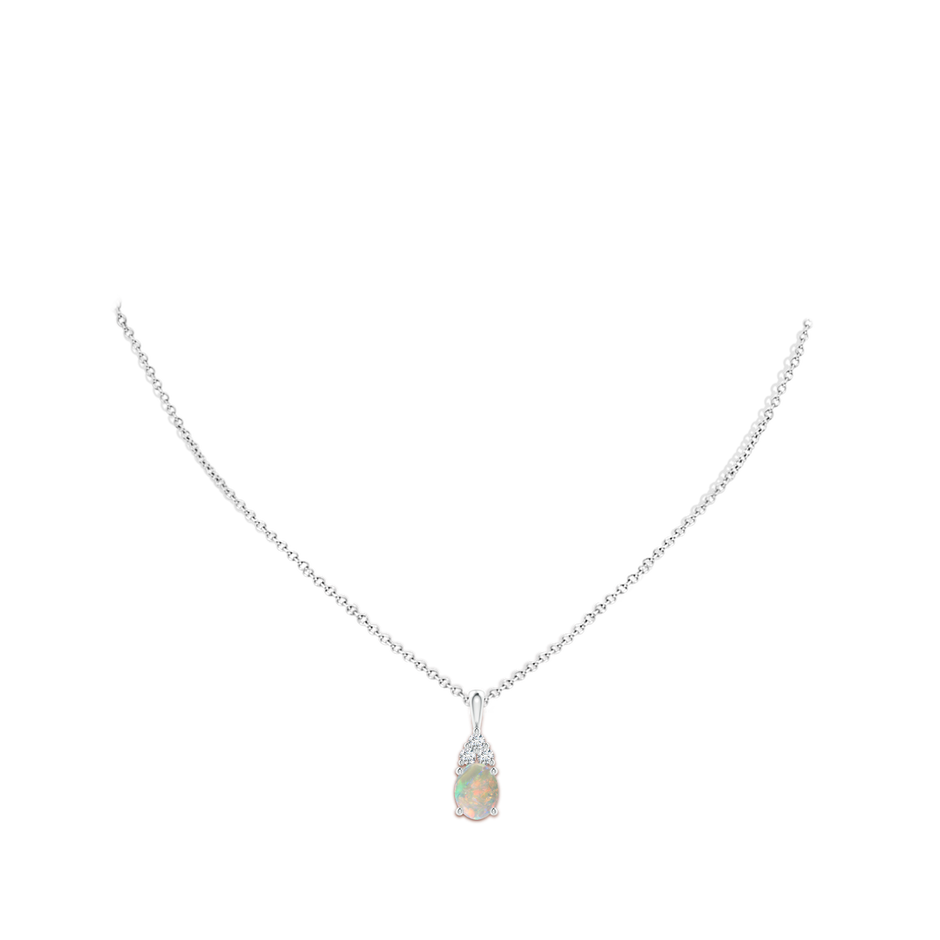 9x7mm AAAA Oval Opal Solitaire Pendant with Trio Diamond in White Gold body-neck