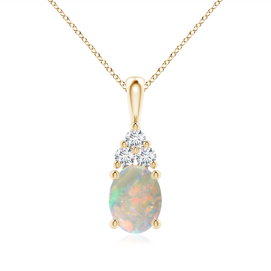 9x7mm AAAA Oval Opal Solitaire Pendant with Trio Diamond in Yellow Gold 