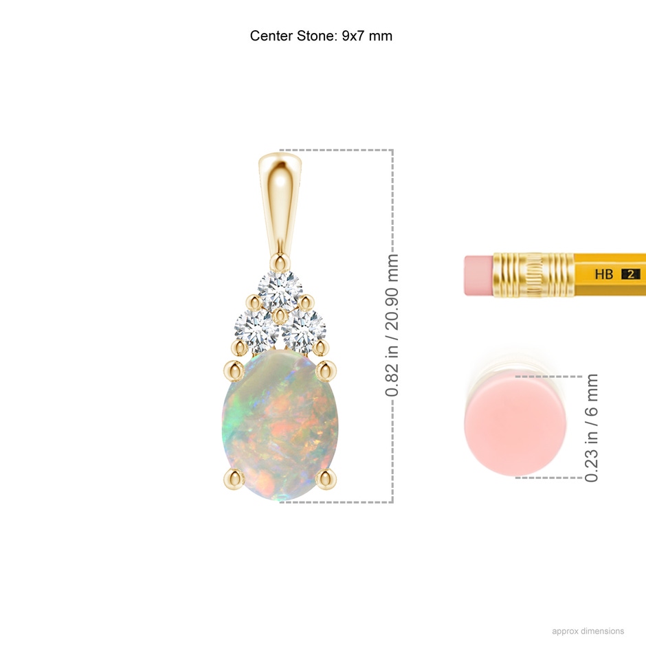 9x7mm AAAA Oval Opal Solitaire Pendant with Trio Diamond in Yellow Gold ruler