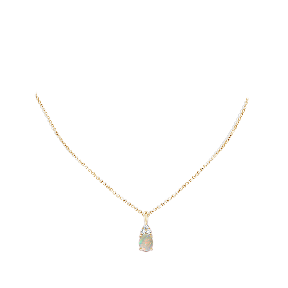 9x7mm AAAA Oval Opal Solitaire Pendant with Trio Diamond in Yellow Gold body-neck