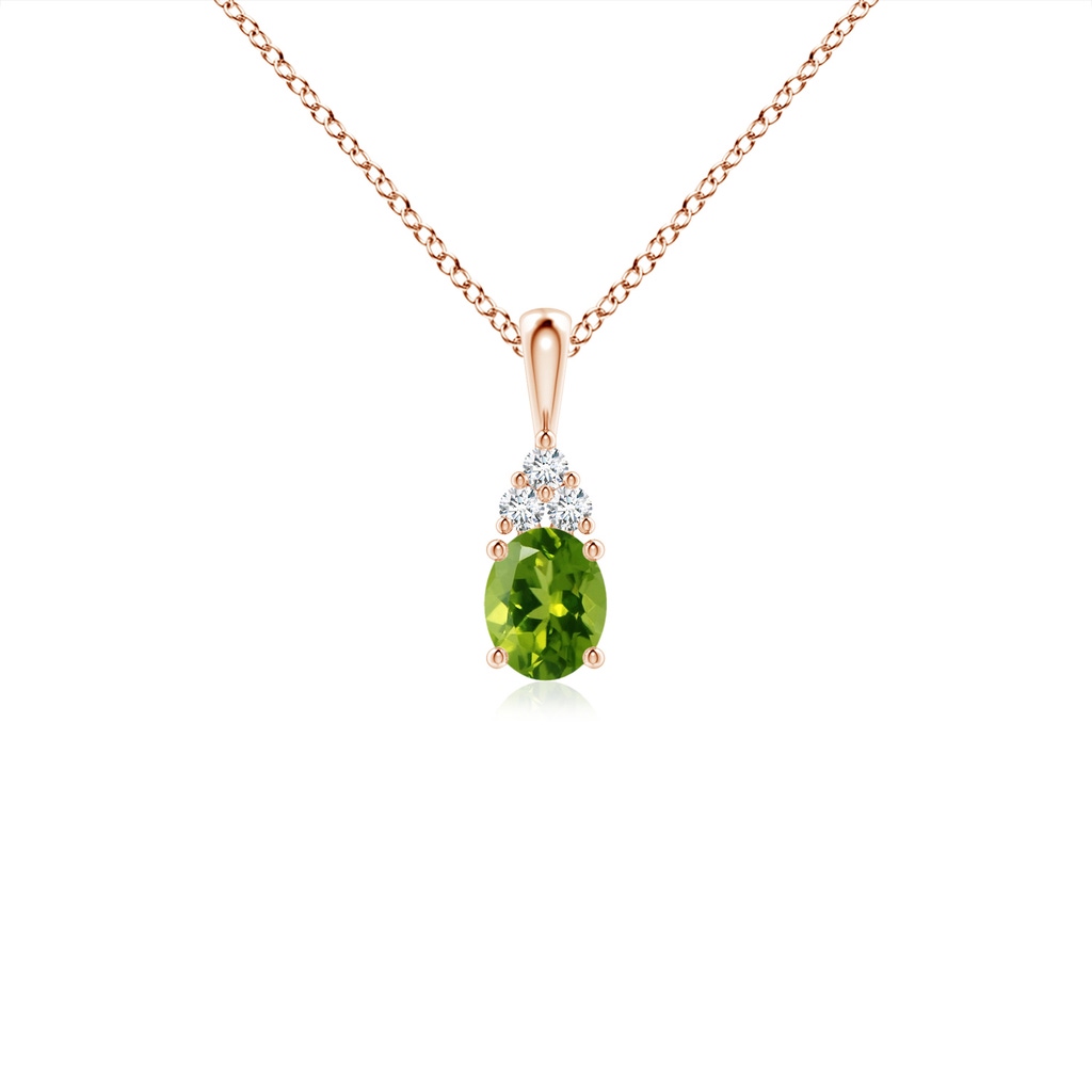5x4mm AAAA Oval Peridot Solitaire Pendant with Trio Diamond in Rose Gold