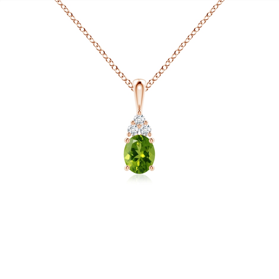 5x4mm AAAA Oval Peridot Solitaire Pendant with Trio Diamond in Rose Gold 