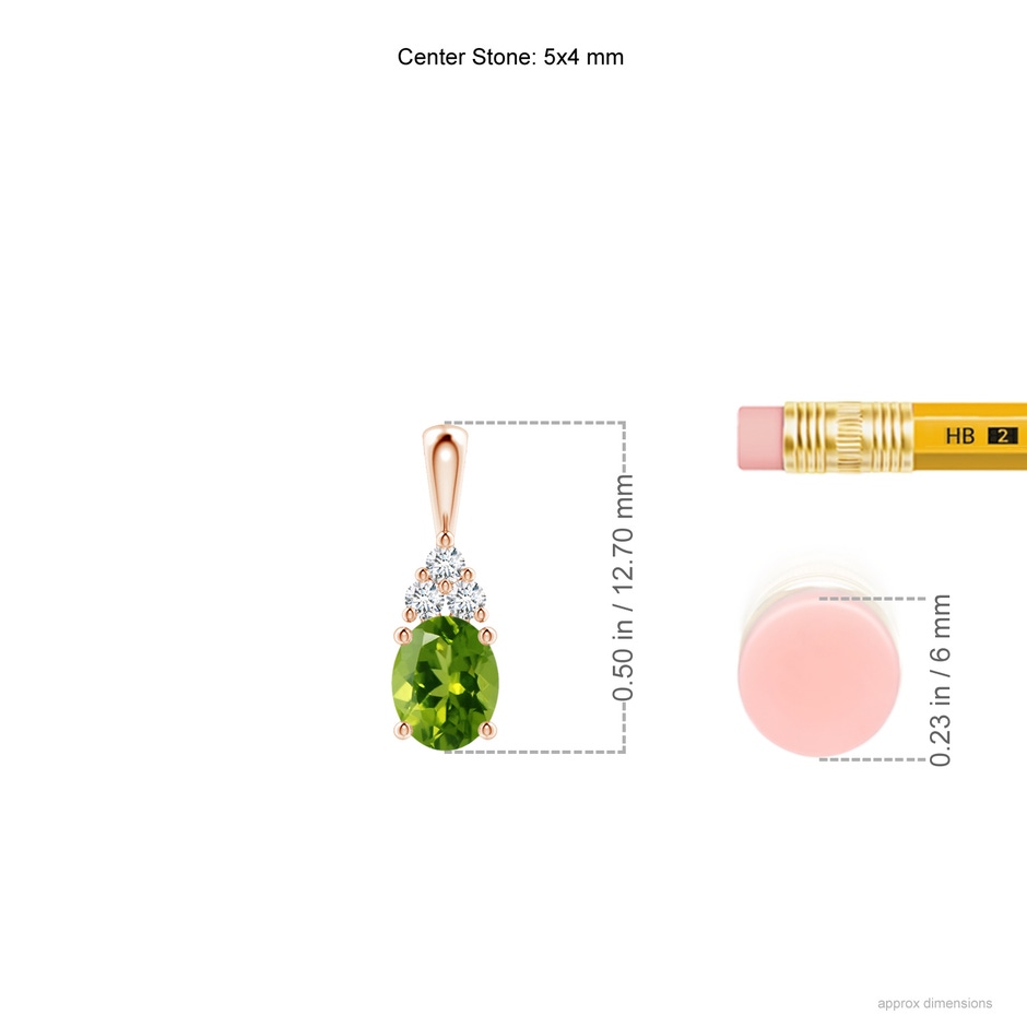 5x4mm AAAA Oval Peridot Solitaire Pendant with Trio Diamond in Rose Gold ruler