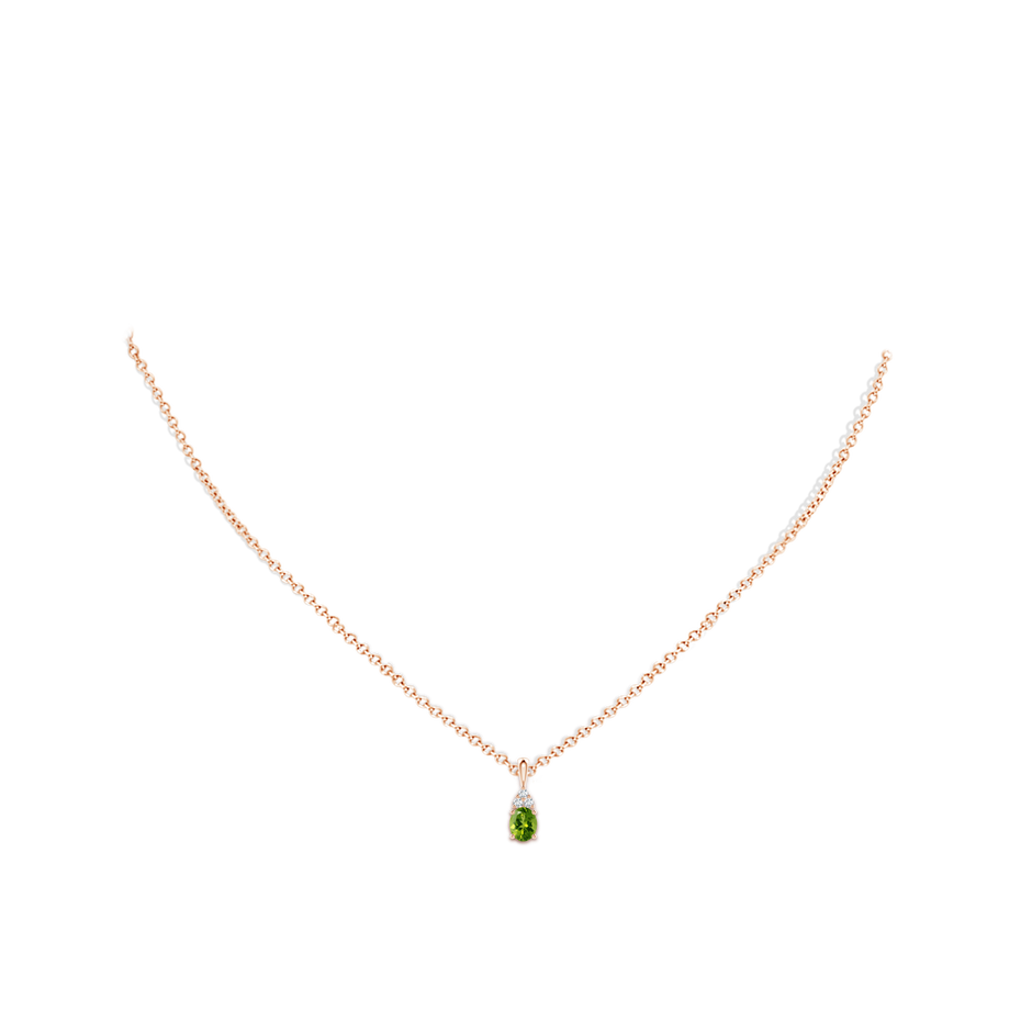 5x4mm AAAA Oval Peridot Solitaire Pendant with Trio Diamond in Rose Gold body-neck