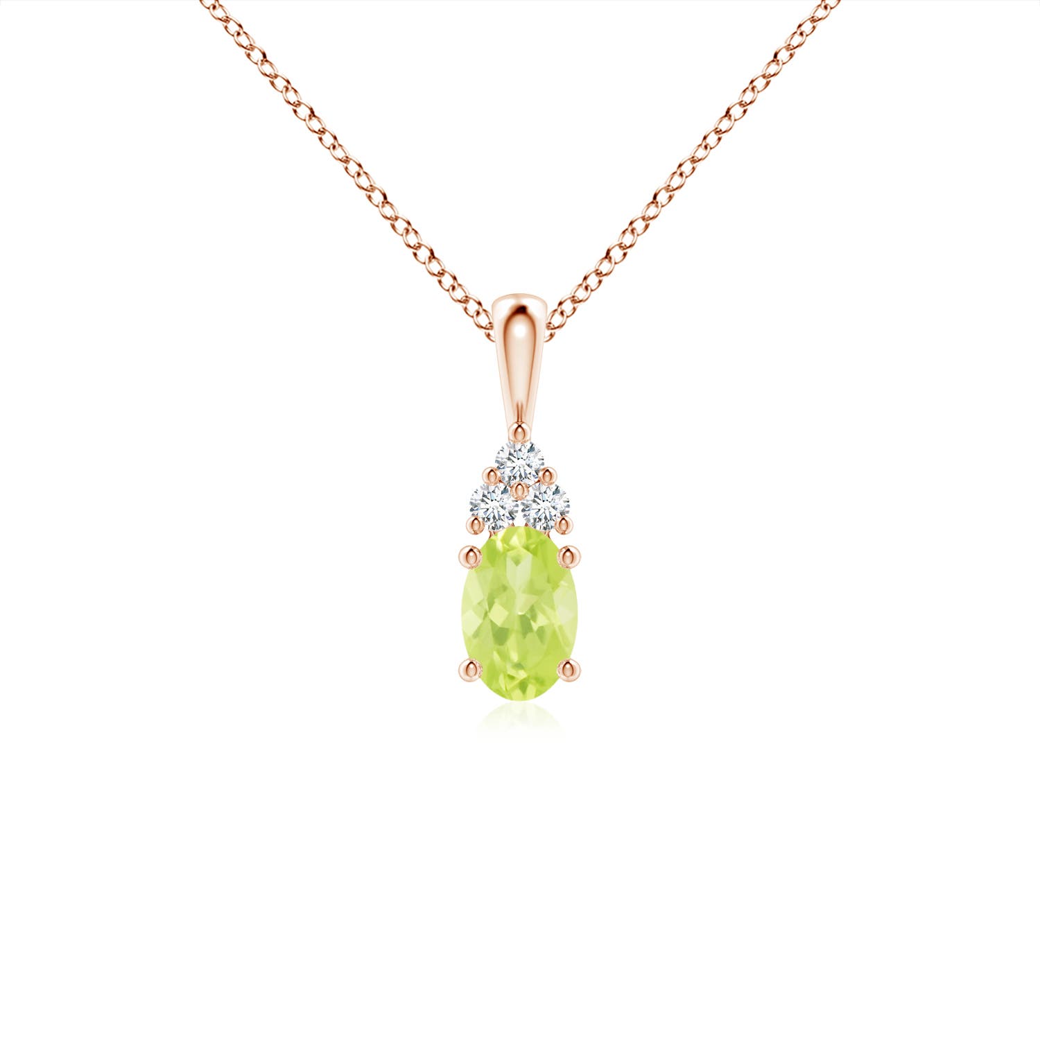 6x4mm A Oval Peridot Solitaire Pendant with Trio Diamond in Rose Gold