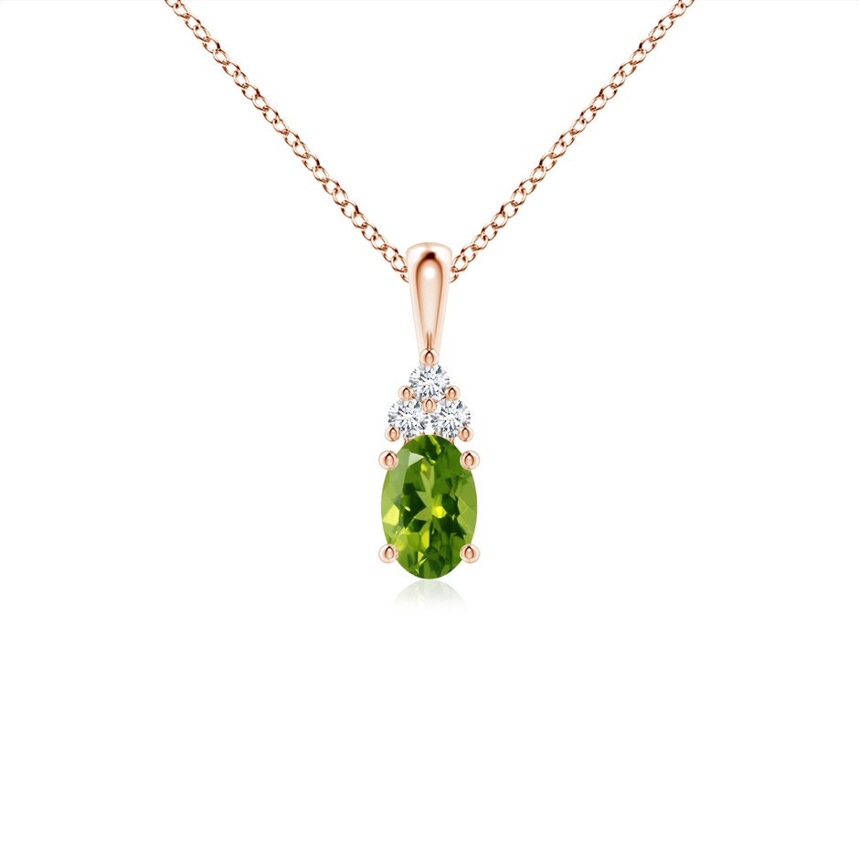 6x4mm AAAA Oval Peridot Solitaire Pendant with Trio Diamond in Rose Gold 