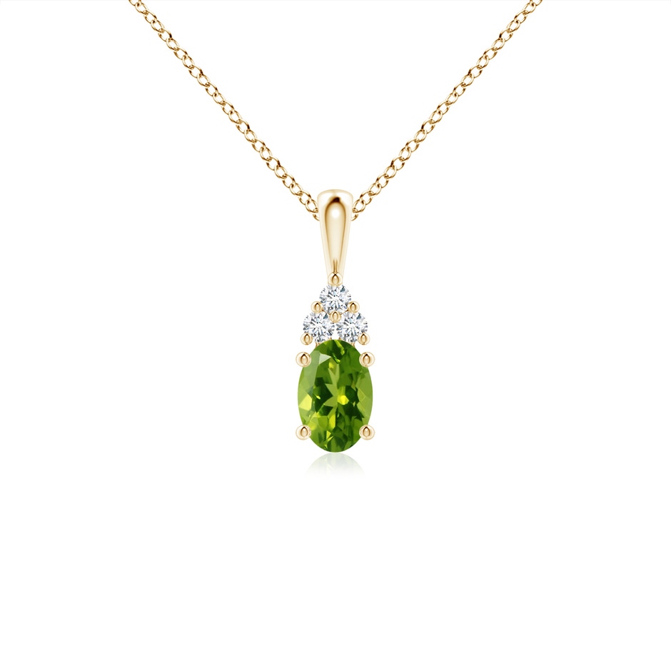 6x4mm AAAA Oval Peridot Solitaire Pendant with Trio Diamond in Yellow Gold 