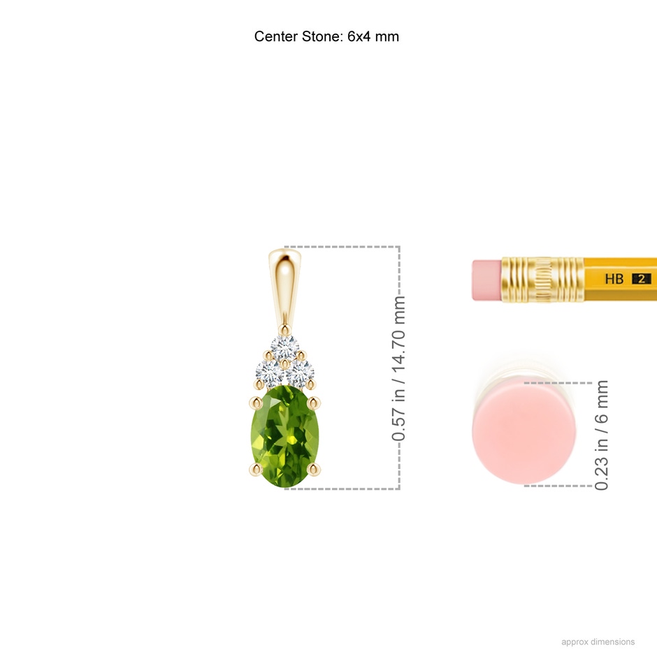 6x4mm AAAA Oval Peridot Solitaire Pendant with Trio Diamond in Yellow Gold ruler