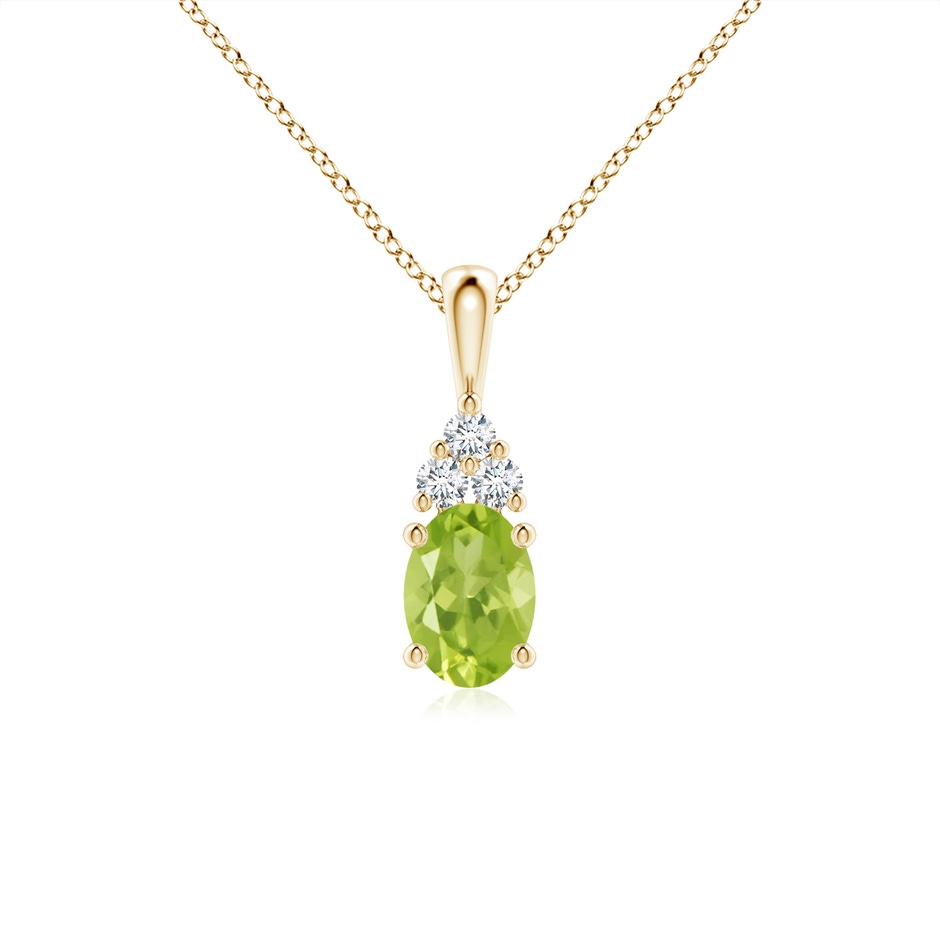 7x5mm AA Oval Peridot Solitaire Pendant with Trio Diamond in Yellow Gold 