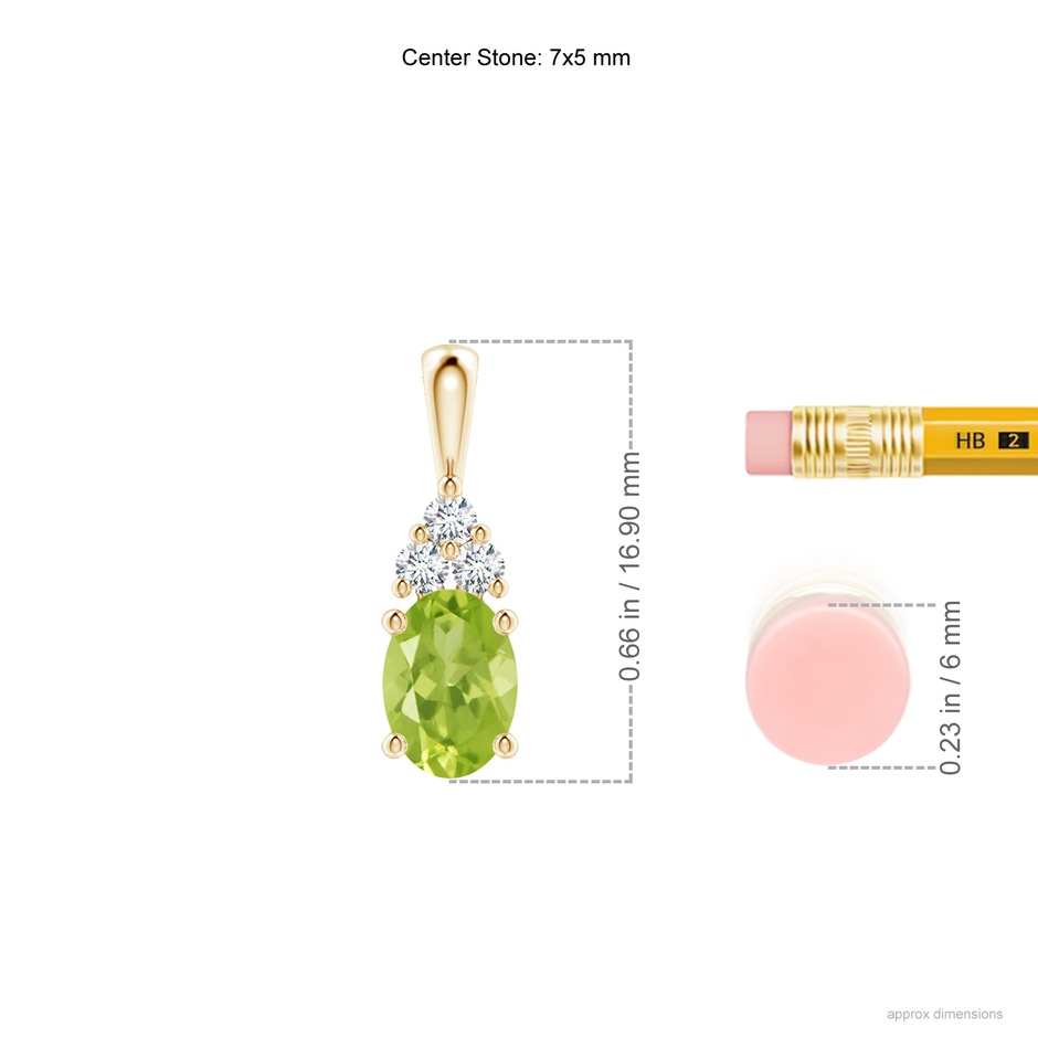 7x5mm AA Oval Peridot Solitaire Pendant with Trio Diamond in Yellow Gold ruler