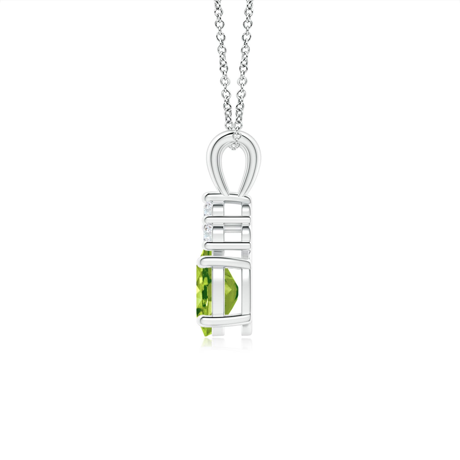 7x5mm AAA Oval Peridot Solitaire Pendant with Trio Diamond in White Gold - side 2