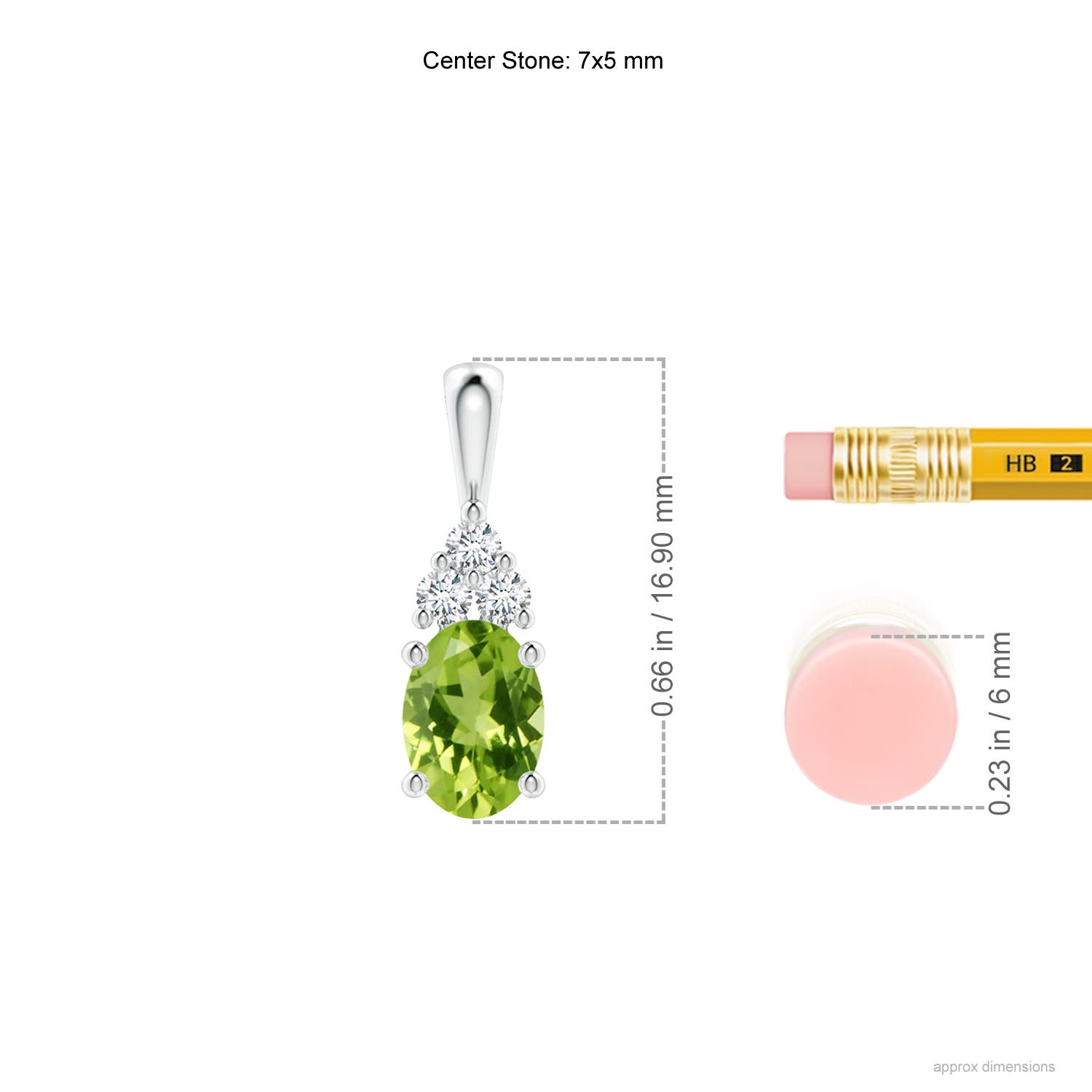 7x5mm AAA Oval Peridot Solitaire Pendant with Trio Diamond in White Gold - ruler