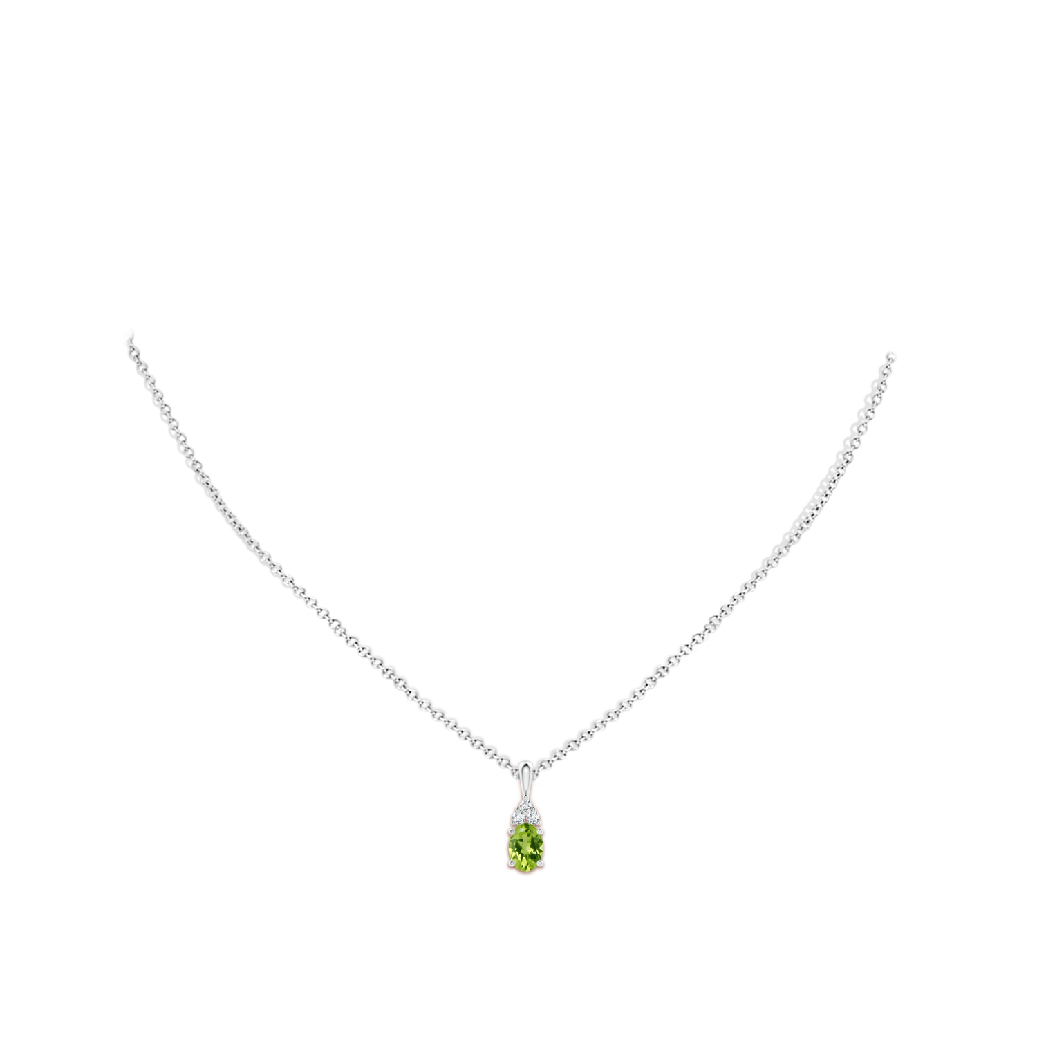 7x5mm AAA Oval Peridot Solitaire Pendant with Trio Diamond in White Gold - body_neck