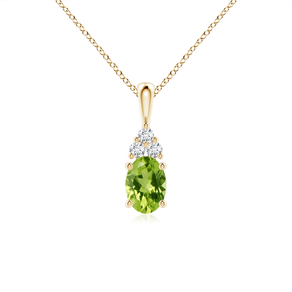 7x5mm AAA Oval Peridot Solitaire Pendant with Trio Diamond in Yellow Gold 
