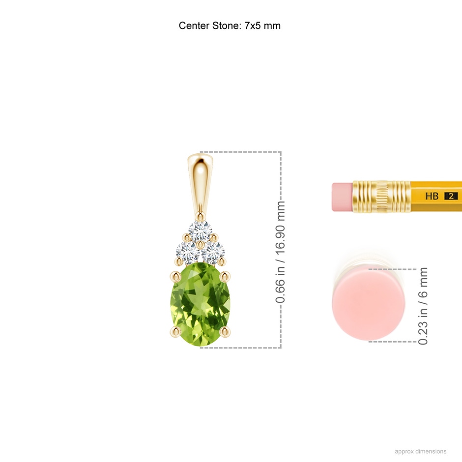 7x5mm AAA Oval Peridot Solitaire Pendant with Trio Diamond in Yellow Gold ruler