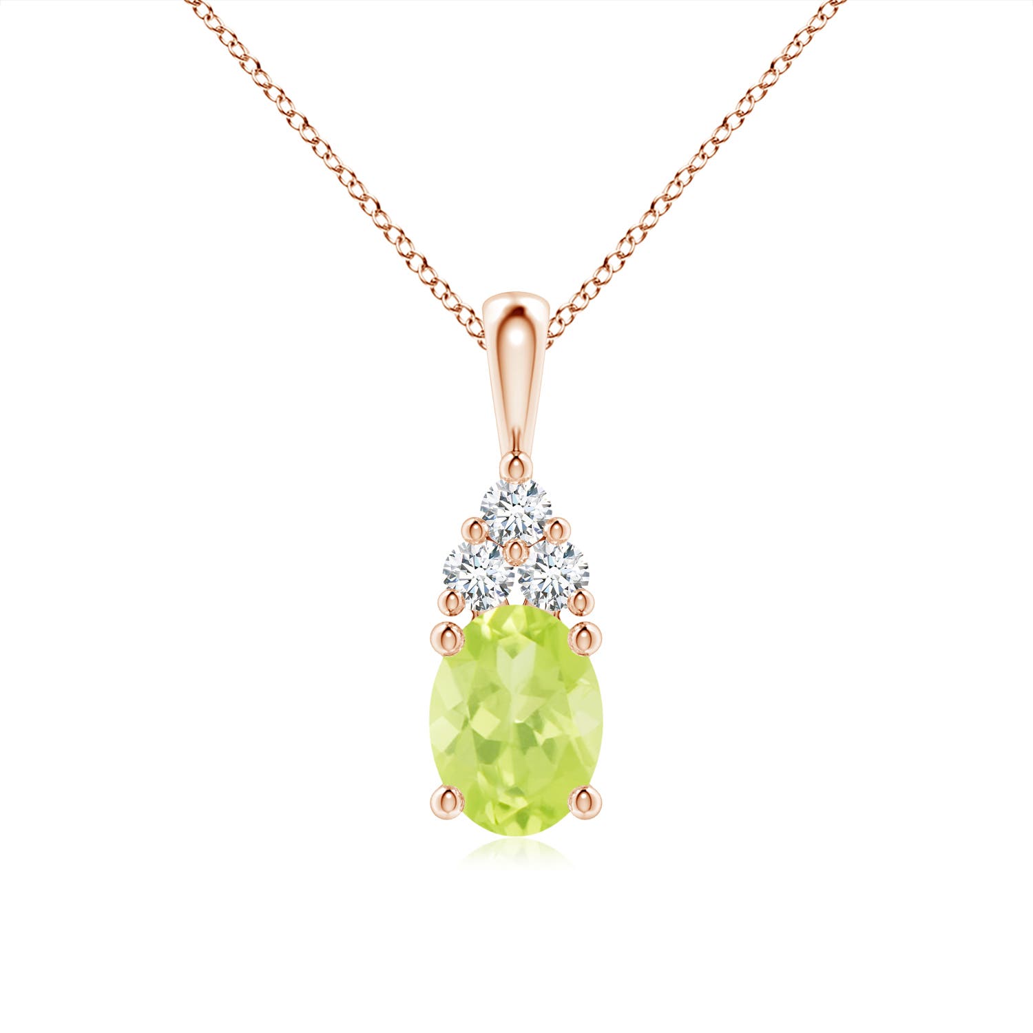 8x6mm A Oval Peridot Solitaire Pendant with Trio Diamond in Rose Gold