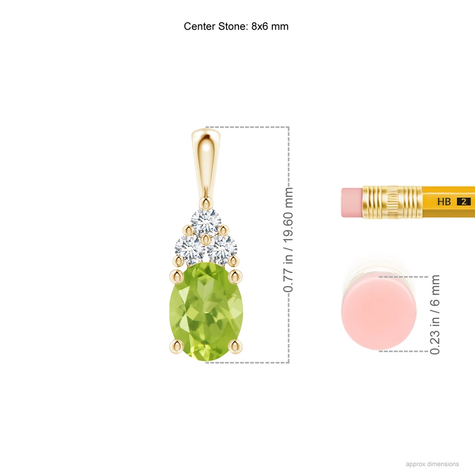 8x6mm AA Oval Peridot Solitaire Pendant with Trio Diamond in Yellow Gold ruler
