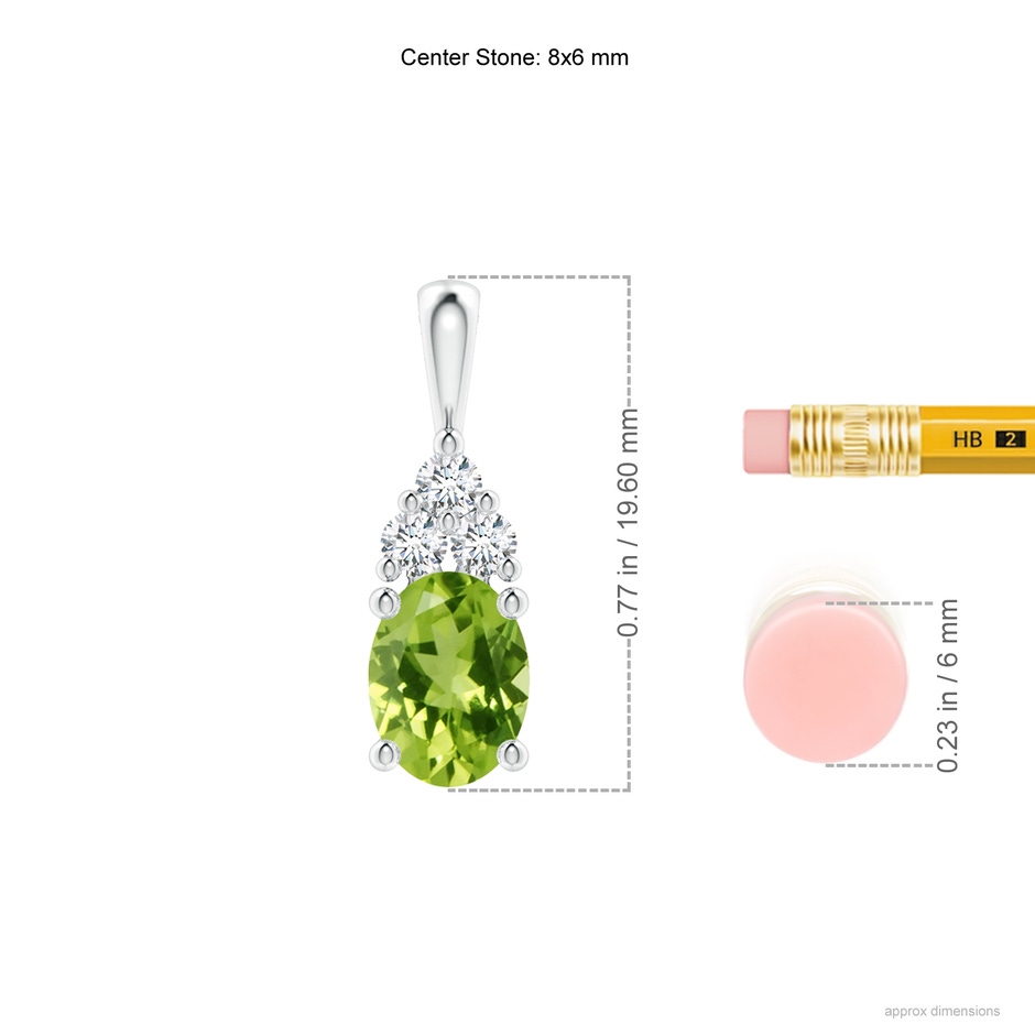 8x6mm AAA Oval Peridot Solitaire Pendant with Trio Diamond in White Gold ruler