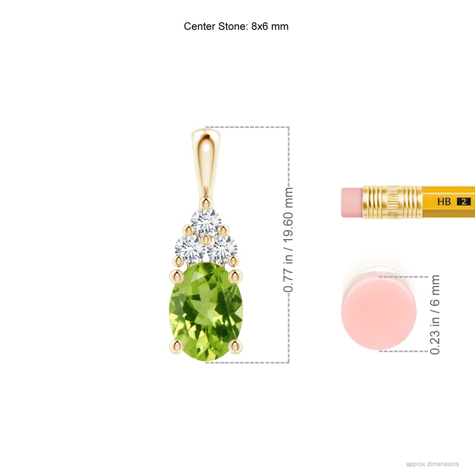 8x6mm AAA Oval Peridot Solitaire Pendant with Trio Diamond in Yellow Gold ruler