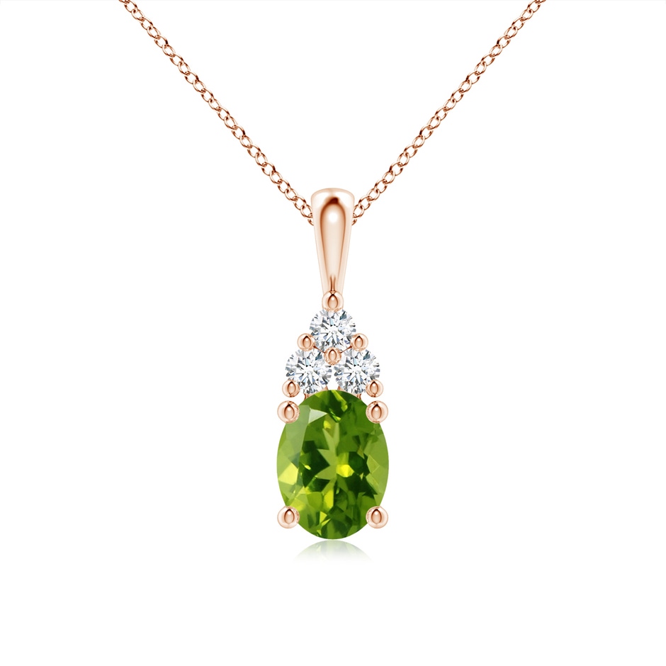 8x6mm AAAA Oval Peridot Solitaire Pendant with Trio Diamond in Rose Gold 
