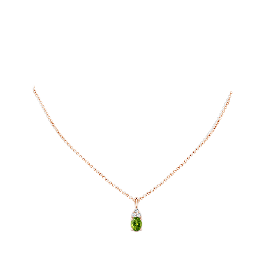 8x6mm AAAA Oval Peridot Solitaire Pendant with Trio Diamond in Rose Gold body-neck