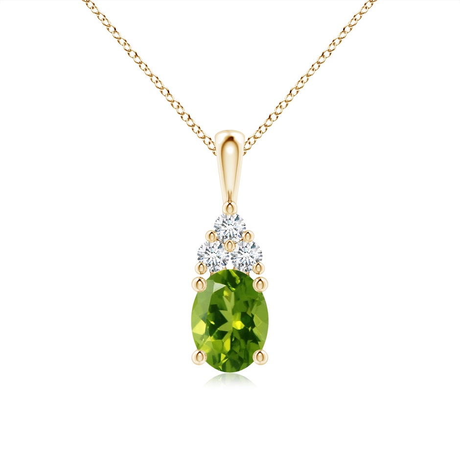 8x6mm AAAA Oval Peridot Solitaire Pendant with Trio Diamond in Yellow Gold 