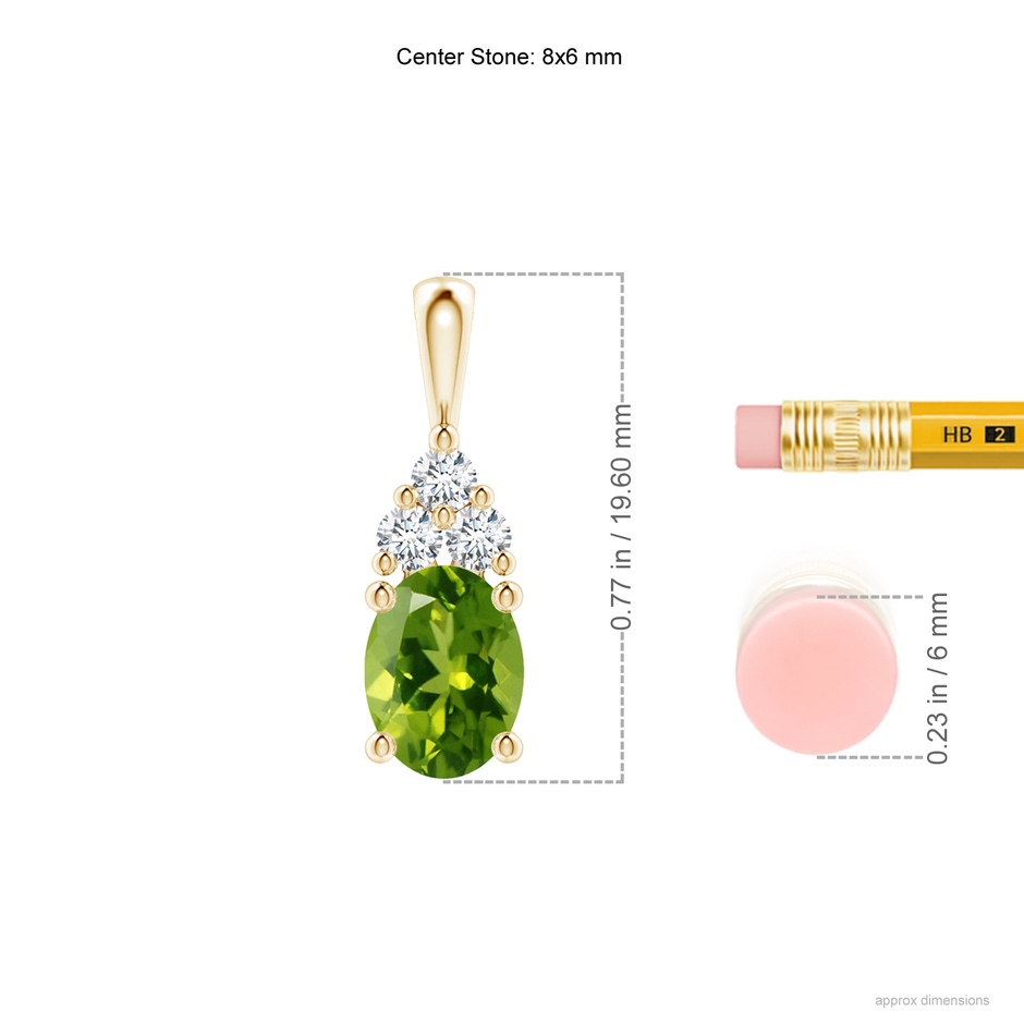 8x6mm AAAA Oval Peridot Solitaire Pendant with Trio Diamond in Yellow Gold ruler