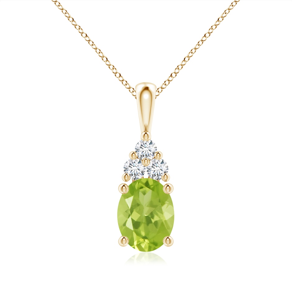9x7mm AA Oval Peridot Solitaire Pendant with Trio Diamond in Yellow Gold 