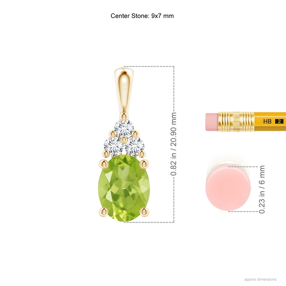 9x7mm AA Oval Peridot Solitaire Pendant with Trio Diamond in Yellow Gold ruler