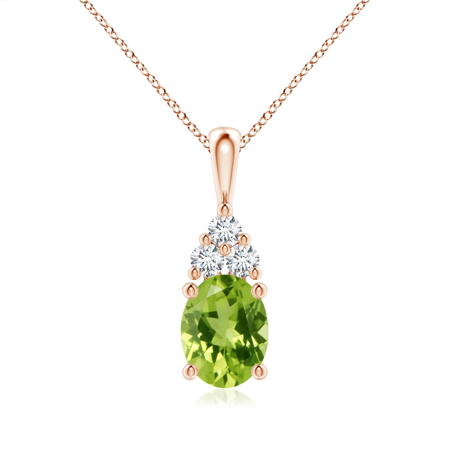 9x7mm AAA Oval Peridot Solitaire Pendant with Trio Diamond in Rose Gold