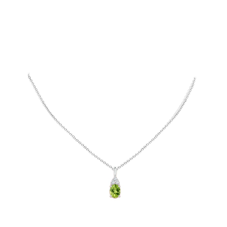 9x7mm AAA Oval Peridot Solitaire Pendant with Trio Diamond in White Gold body-neck