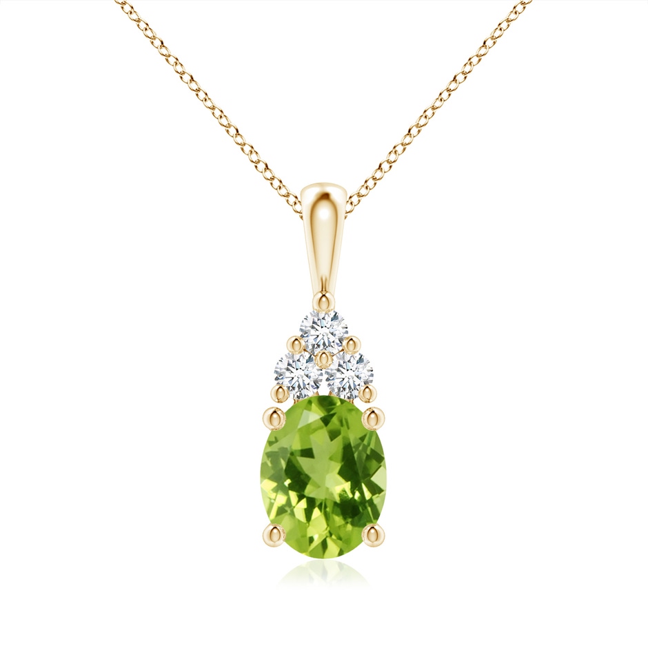 9x7mm AAA Oval Peridot Solitaire Pendant with Trio Diamond in Yellow Gold 