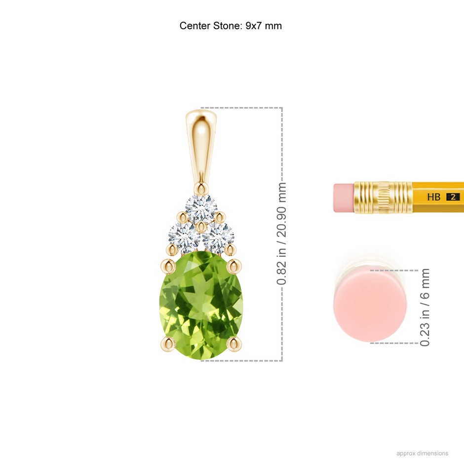 9x7mm AAA Oval Peridot Solitaire Pendant with Trio Diamond in Yellow Gold ruler