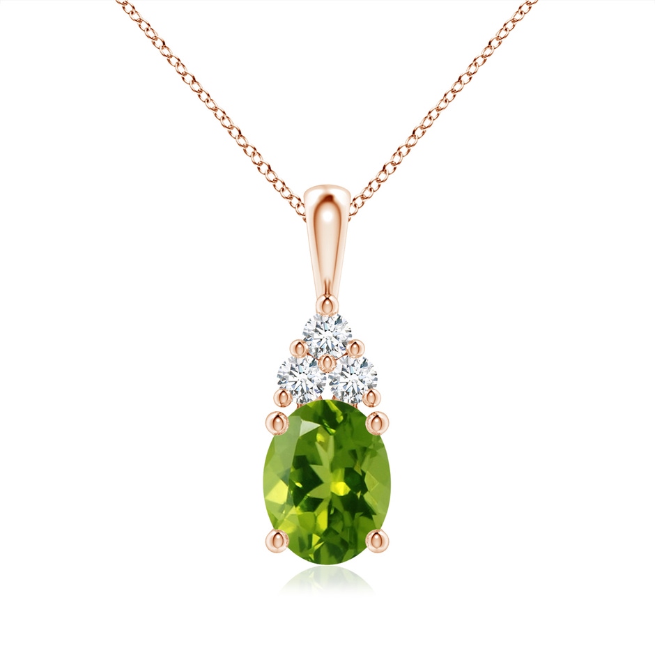 9x7mm AAAA Oval Peridot Solitaire Pendant with Trio Diamond in Rose Gold 