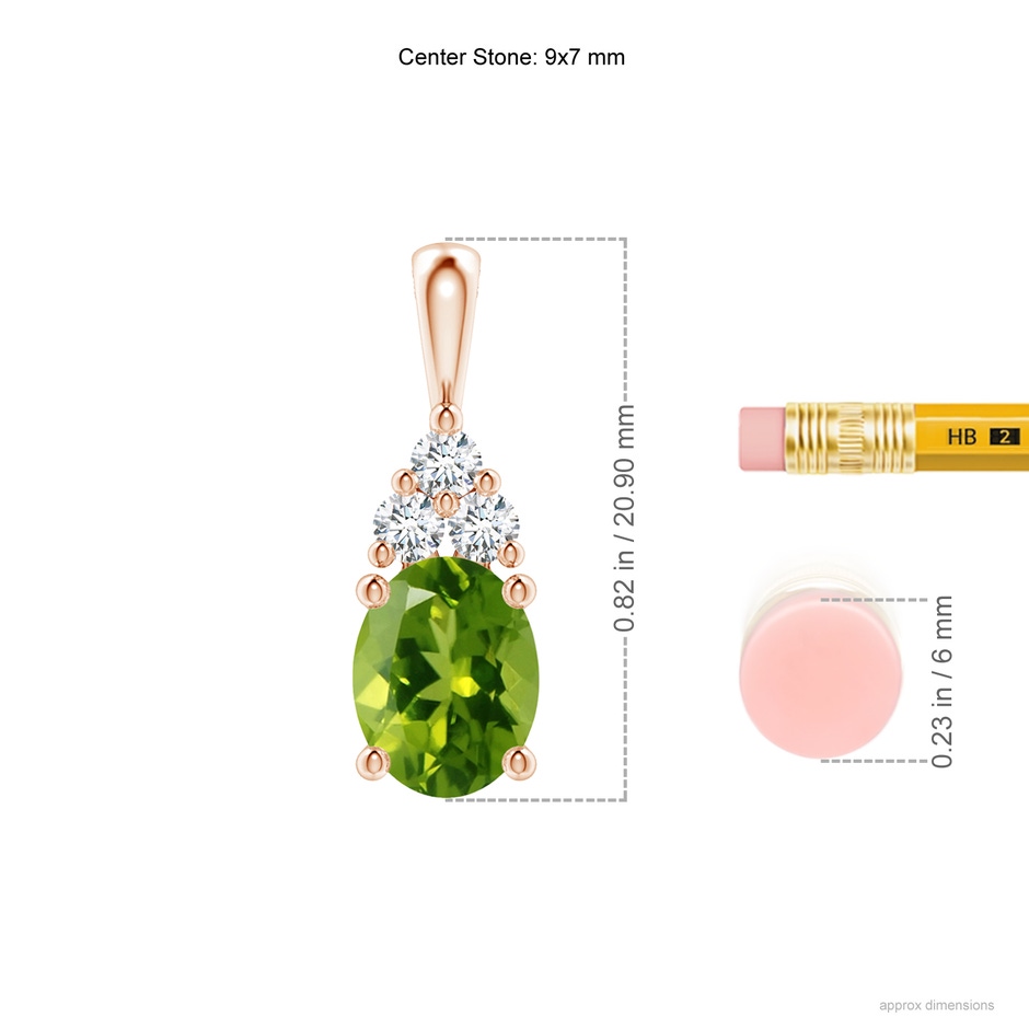 9x7mm AAAA Oval Peridot Solitaire Pendant with Trio Diamond in Rose Gold ruler