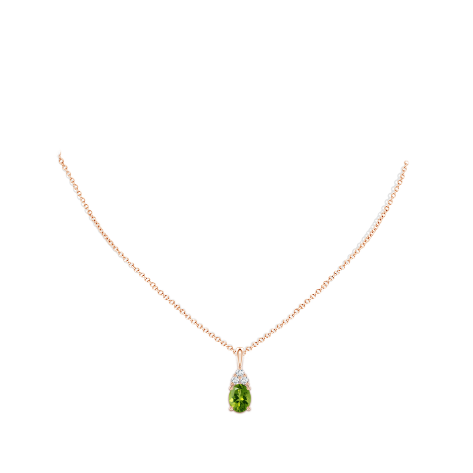 9x7mm AAAA Oval Peridot Solitaire Pendant with Trio Diamond in Rose Gold body-neck