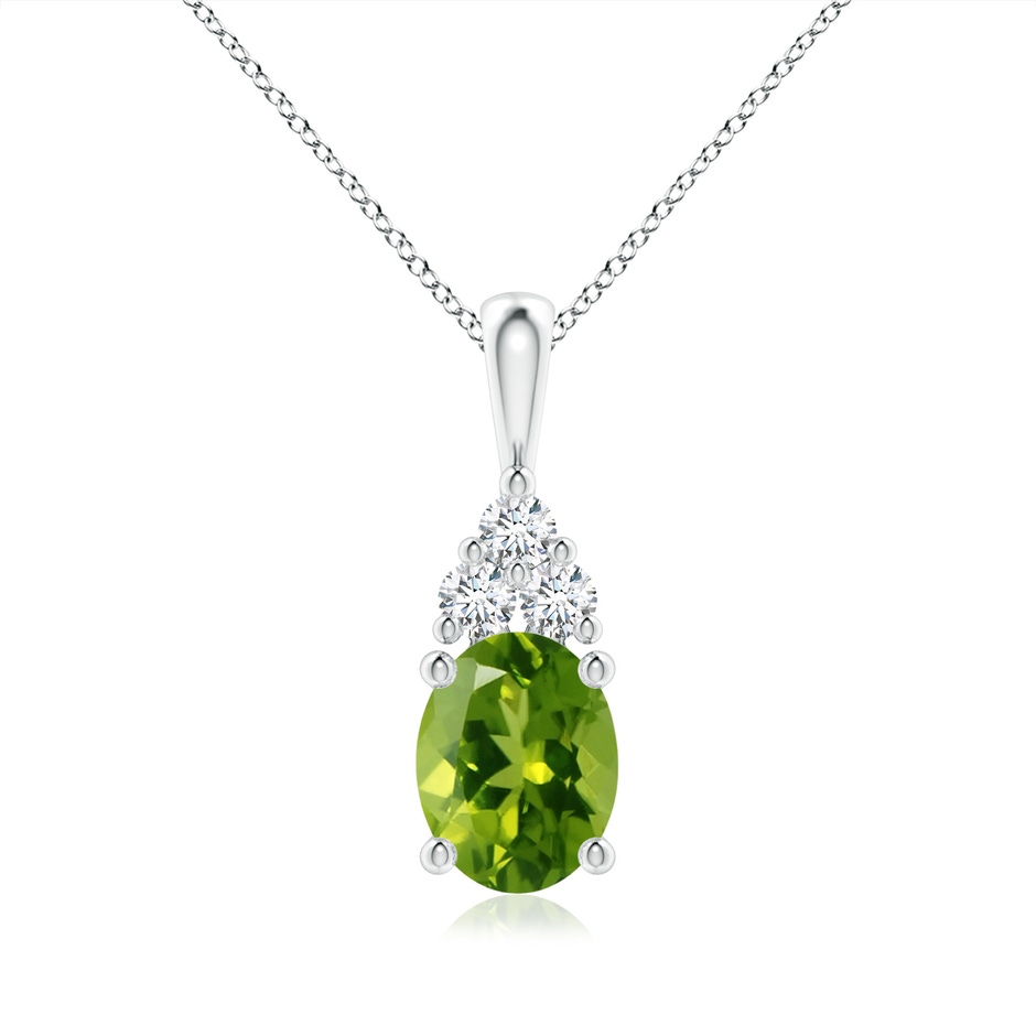 9x7mm AAAA Oval Peridot Solitaire Pendant with Trio Diamond in White Gold 