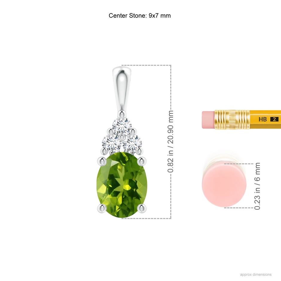 9x7mm AAAA Oval Peridot Solitaire Pendant with Trio Diamond in White Gold ruler