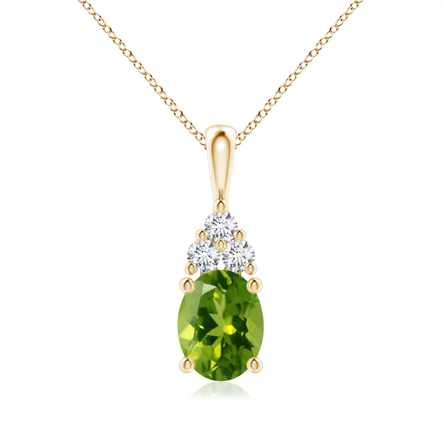 9x7mm AAAA Oval Peridot Solitaire Pendant with Trio Diamond in Yellow Gold