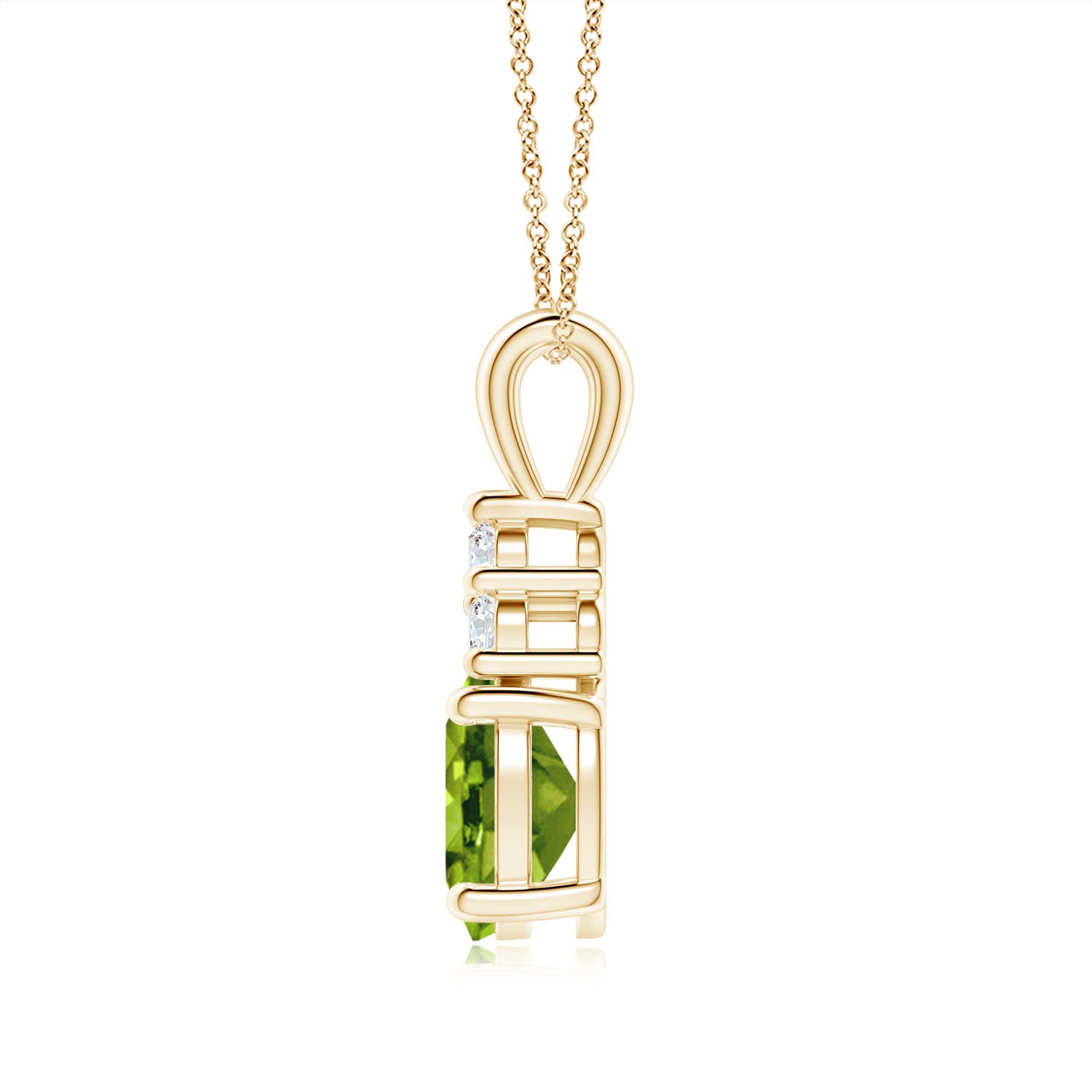 9x7mm AAAA Oval Peridot Solitaire Pendant with Trio Diamond in Yellow Gold