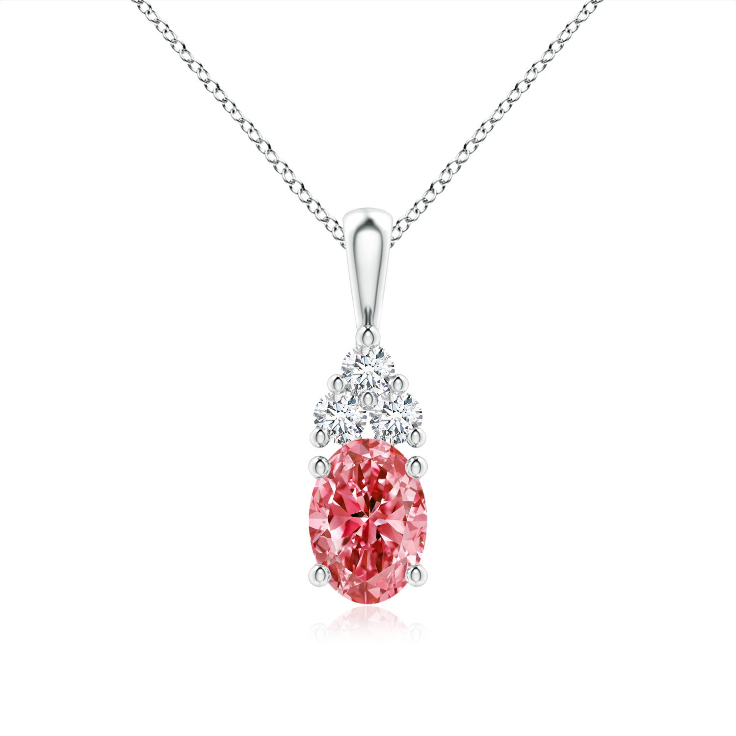 Angara 1.21 CTW Oval Fancy Intense Pink Diamond Solitaire Pendant with Trio Accents in Platinum
