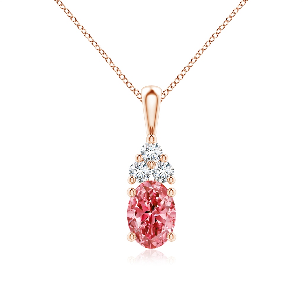 7.7x5.7mm AAAA Oval Fancy Intense Pink Diamond Solitaire Pendant with Trio Accents in Rose Gold