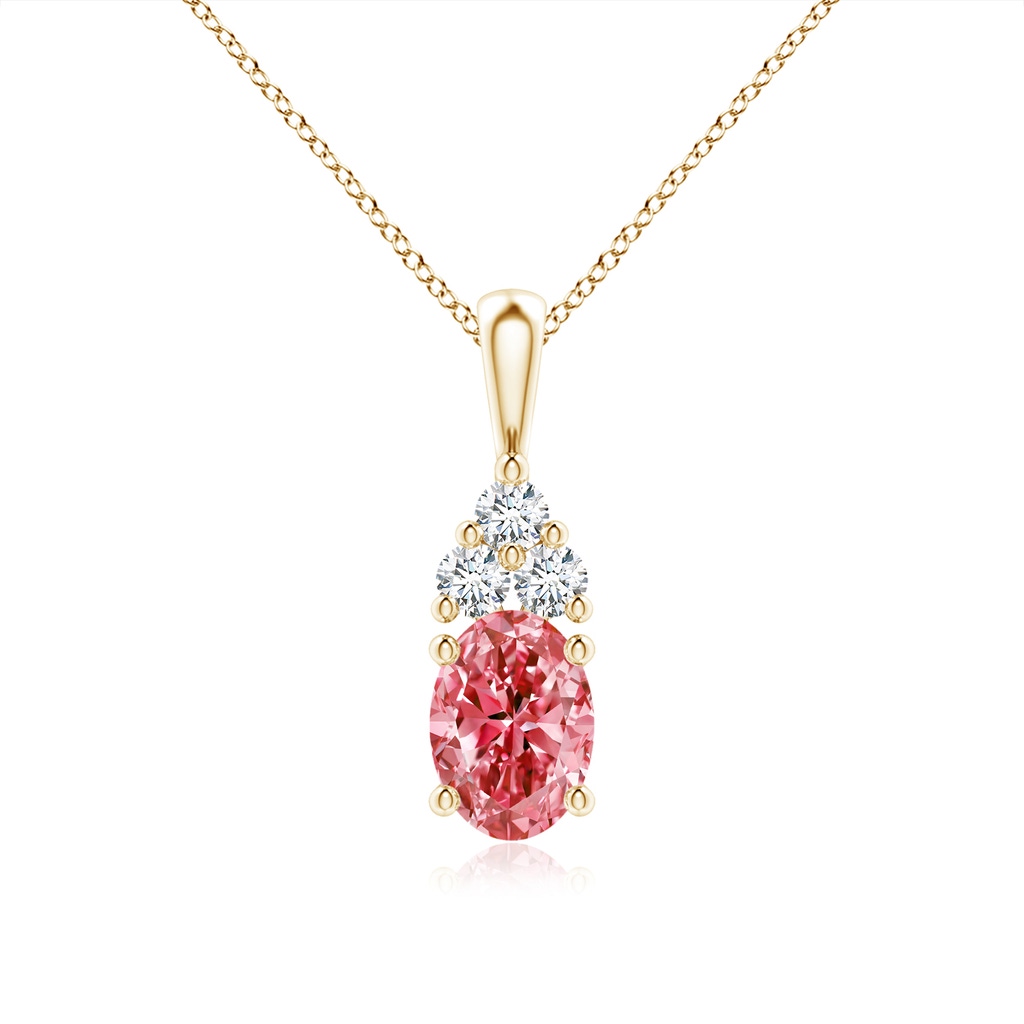 7.7x5.7mm AAAA Oval Fancy Intense Pink Diamond Solitaire Pendant with Trio Accents in Yellow Gold