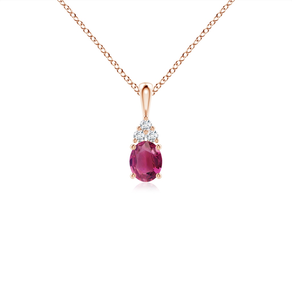 5x4mm AAAA Oval Pink Tourmaline Solitaire Pendant with Trio Diamond in Rose Gold