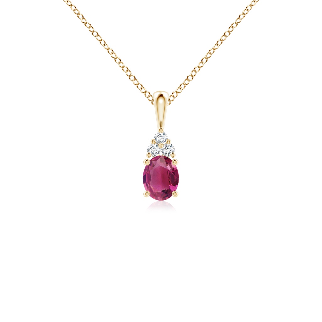 5x4mm AAAA Oval Pink Tourmaline Solitaire Pendant with Trio Diamond in Yellow Gold