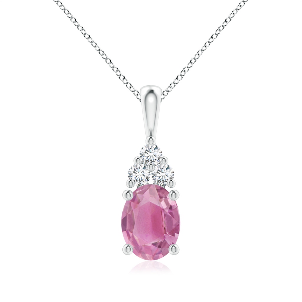 9x7mm AA Oval Pink Tourmaline Solitaire Pendant with Trio Diamond in White Gold 