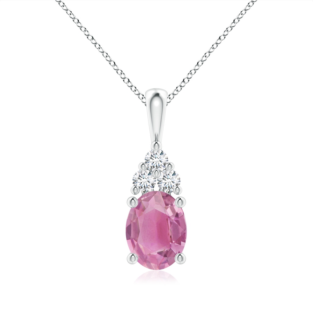 9x7mm AA Oval Pink Tourmaline Solitaire Pendant with Trio Diamond in White Gold