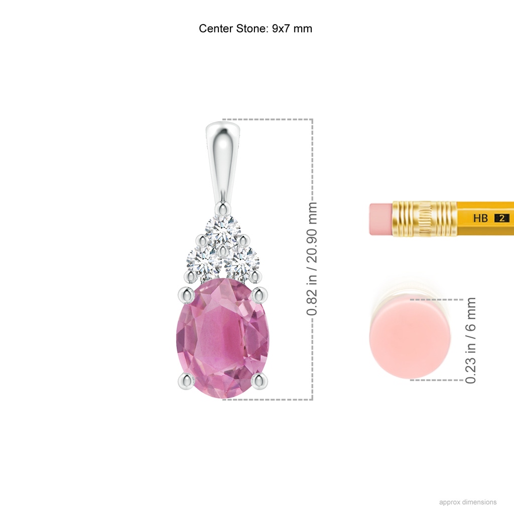 9x7mm AA Oval Pink Tourmaline Solitaire Pendant with Trio Diamond in White Gold Ruler