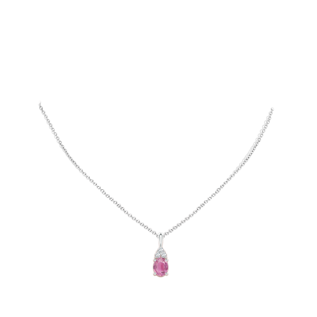 9x7mm AA Oval Pink Tourmaline Solitaire Pendant with Trio Diamond in White Gold Body-Neck